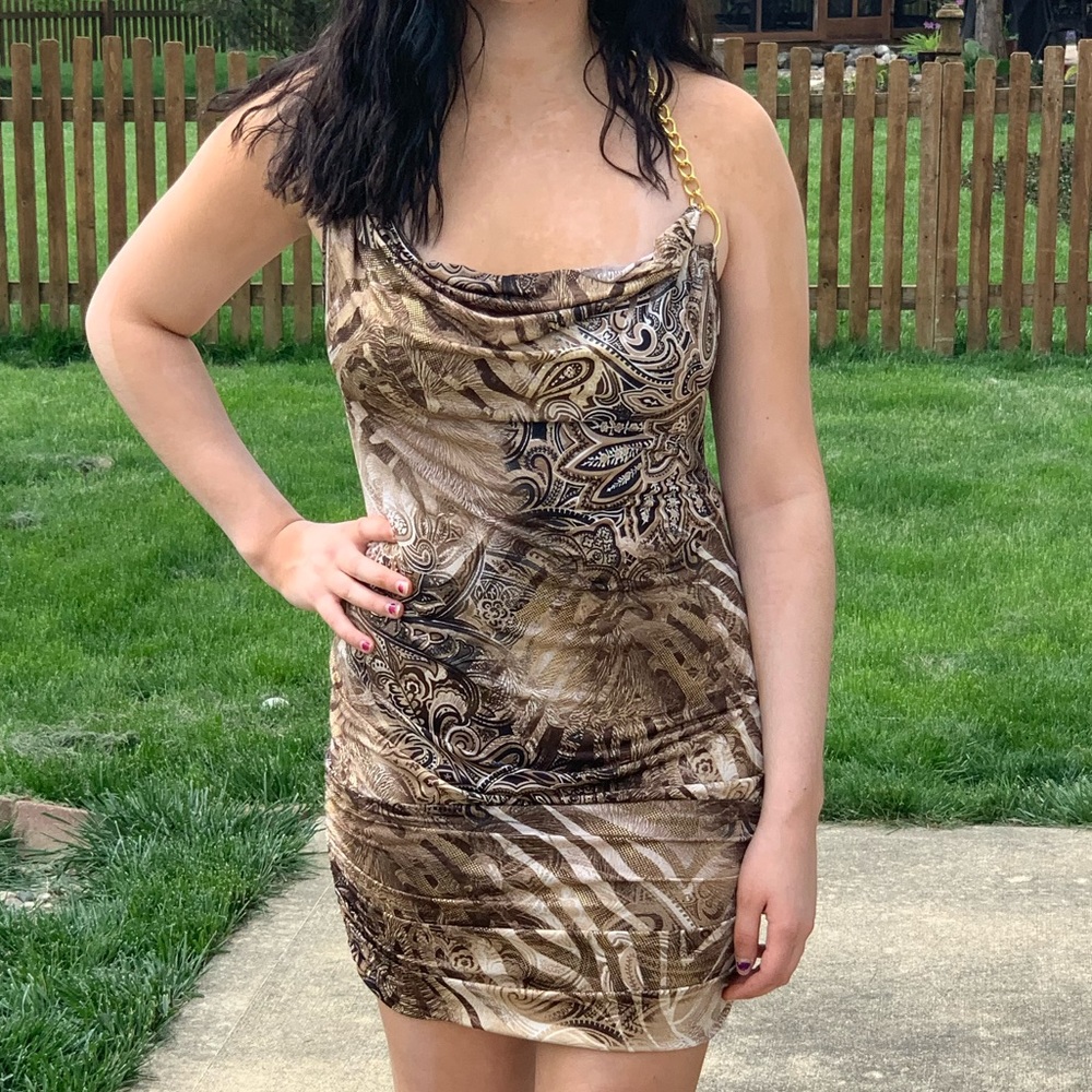 Dots Brown & Copper Party Dress Gold Chain Straps